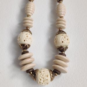 Vintage ART Deco Style Carved Bone & Wood Necklace NWT